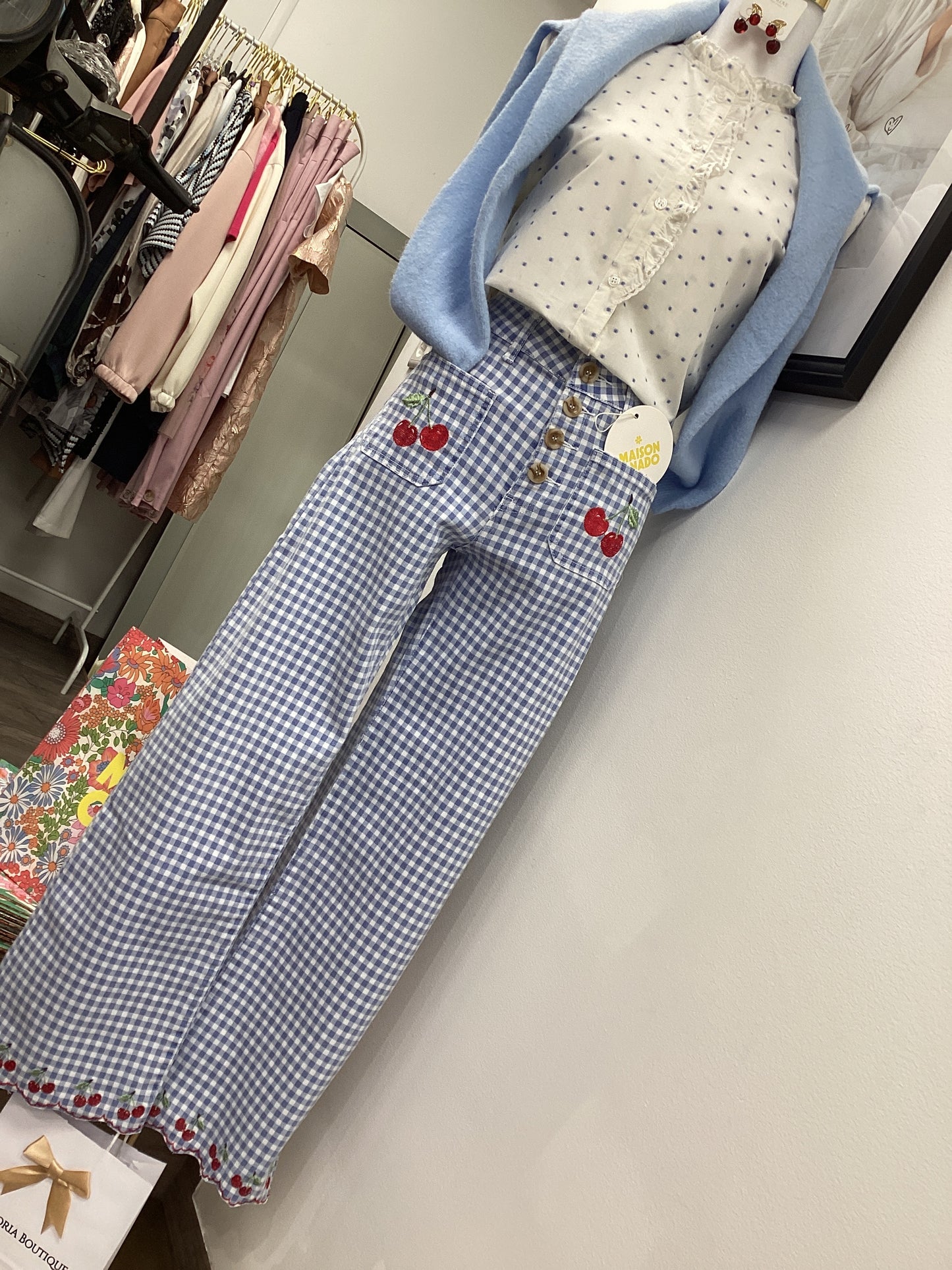 Wide Leg 7/8🍒 Damen Jeans Vanille Sky Blue kariert