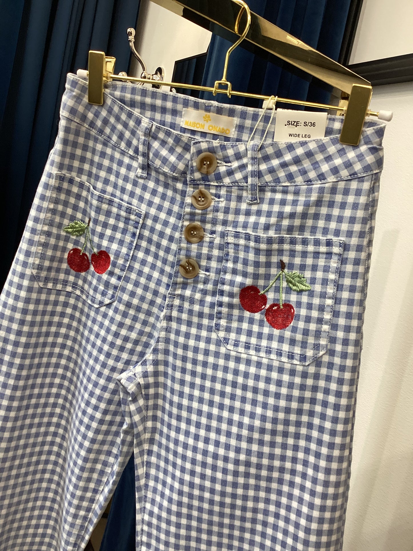 Wide Leg 7/8🍒 Damen Jeans Vanille Sky Blue kariert