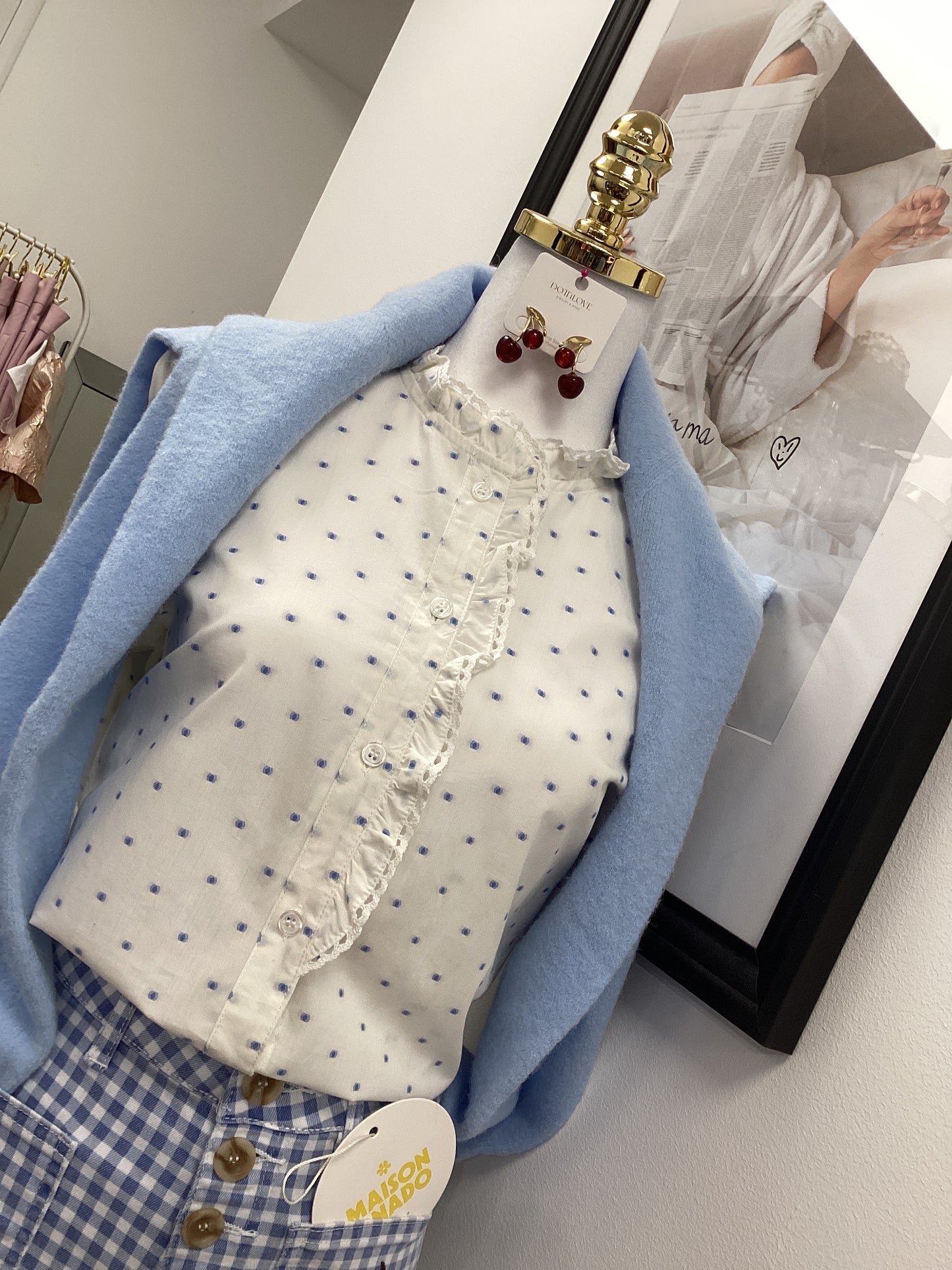 Damen Bluse Hemd mit Rüschen blau weiß 🦋