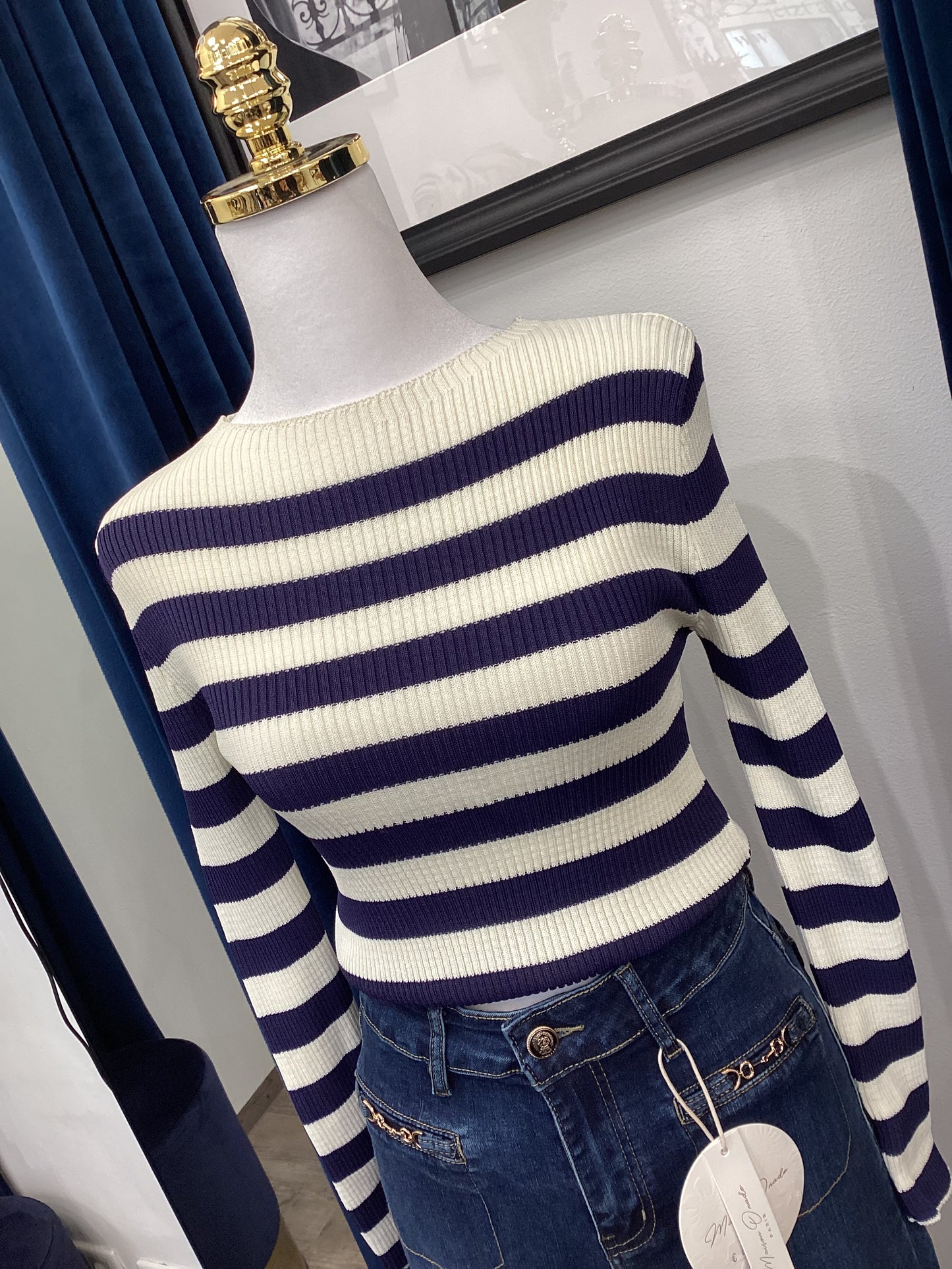 Pullover 💙🩵 Damen gestreift Navy ecru Gr. S/M