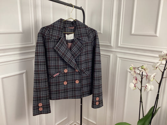 Damen Jacke kurz Mantel rosa grau Knöpfe Frühling kariert