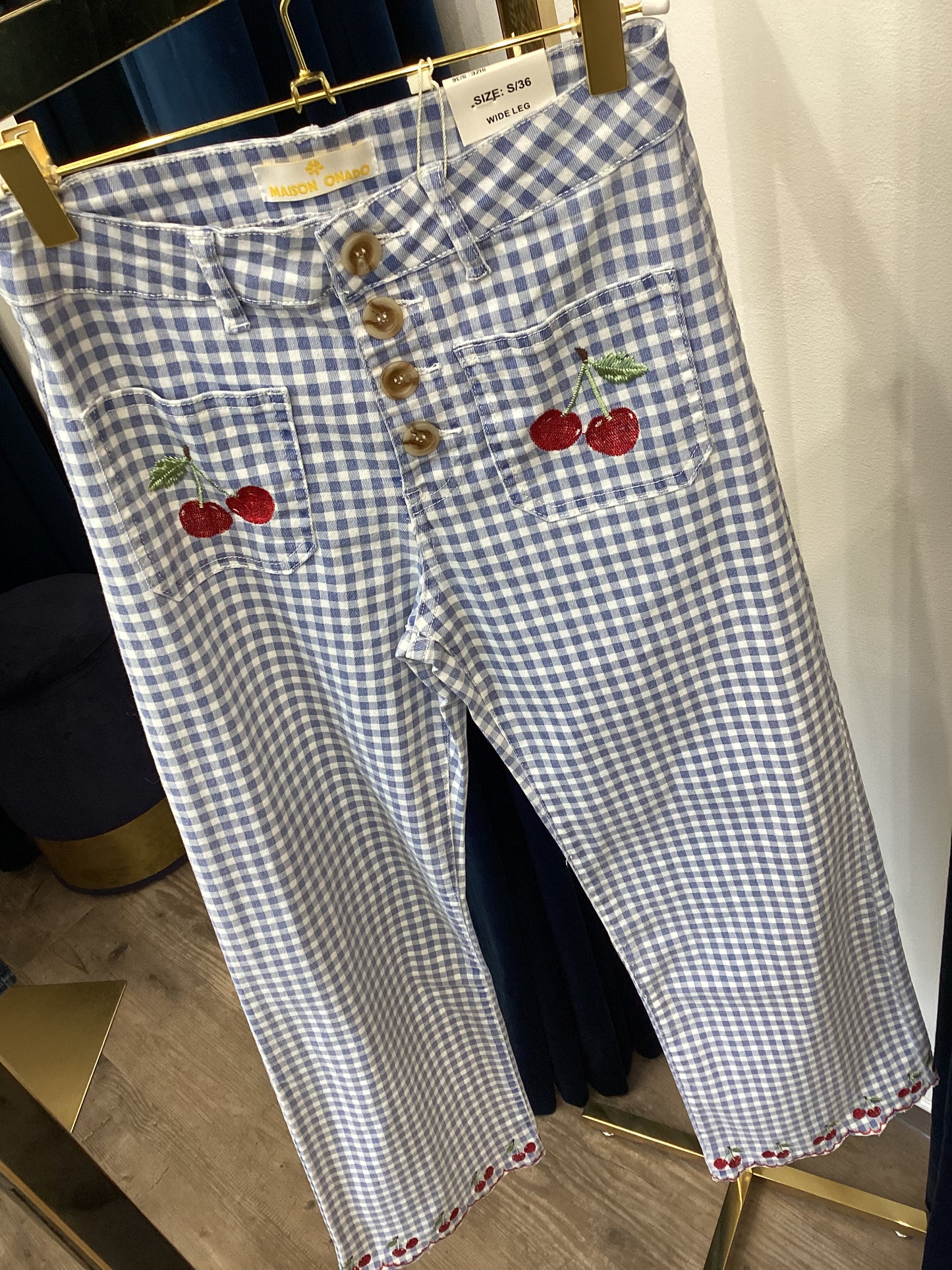 Wide Leg 7/8🍒 Damen Jeans Vanille Sky Blue kariert